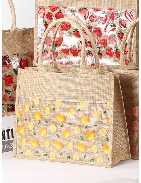 Borsa da spiaggia in iuta con tasca trasparente e stampa di frutta