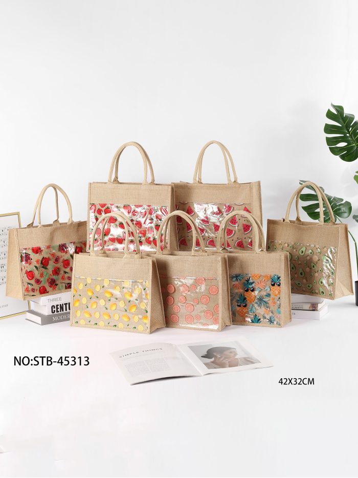 Borsa da spiaggia in iuta con tasca trasparente e stampa di frutta