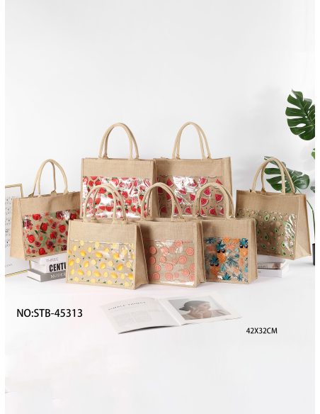 Borsa da spiaggia in iuta con tasca trasparente e stampa di frutta