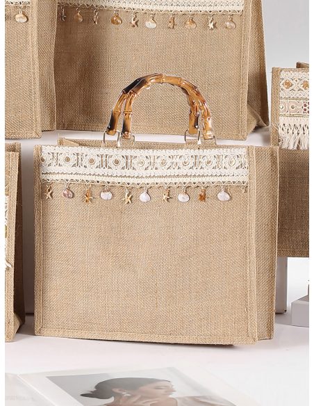 Borsa da spiaggia in iuta con manici in bambù e dettagli boho