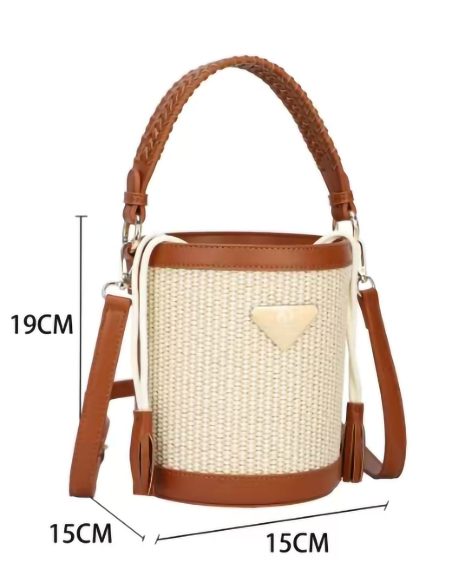 Raffia effect bucket bag with braided handle and tassels