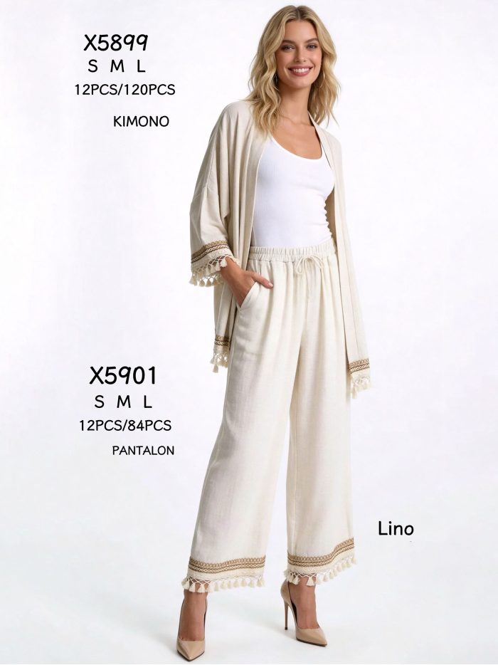 Pantalón lino cenefa borlas