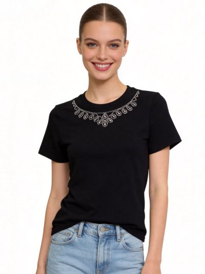 Camiseta algodón cuello joya perlas