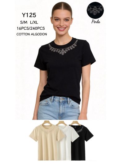 Camiseta algodón cuello joya perlas 2