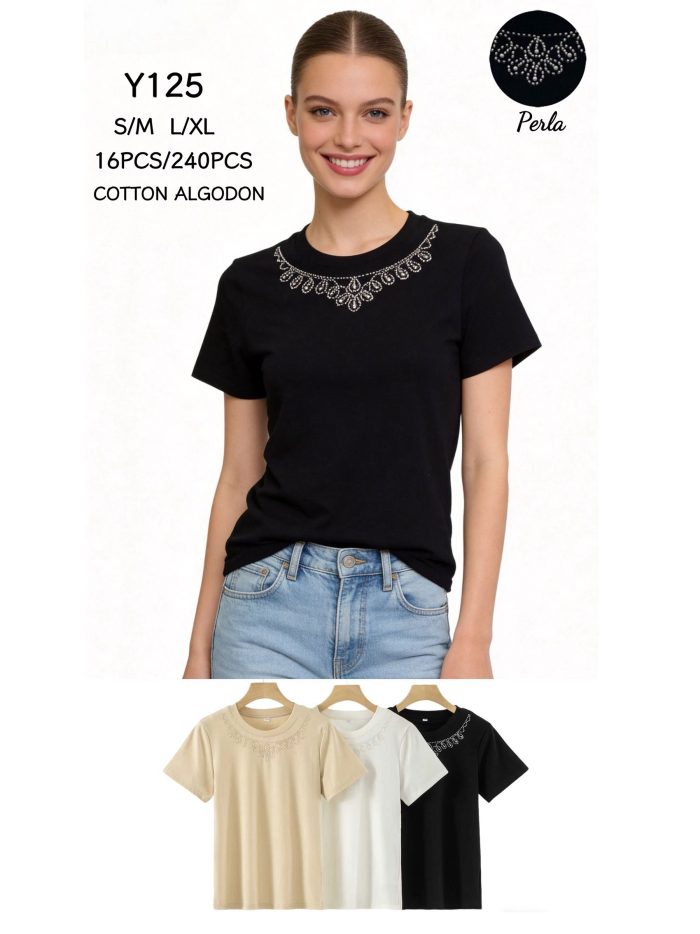 Baumwoll-T-Shirt mit Perlenkragen