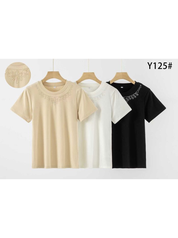 Baumwoll-T-Shirt mit Perlenkragen