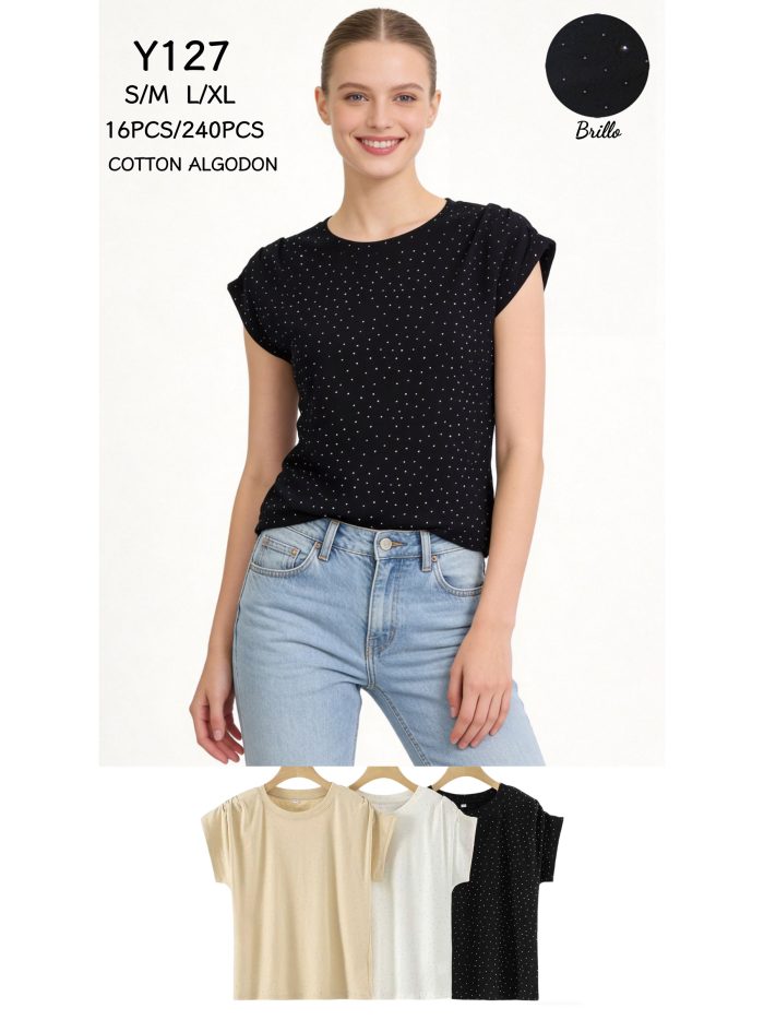 Camiseta algodón brillos strass