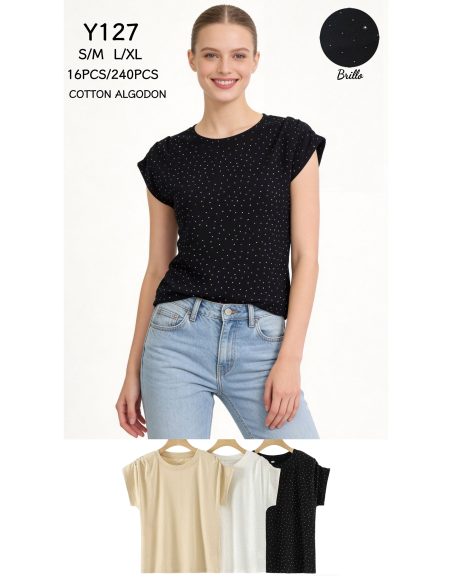 Camiseta algodón brillos strass