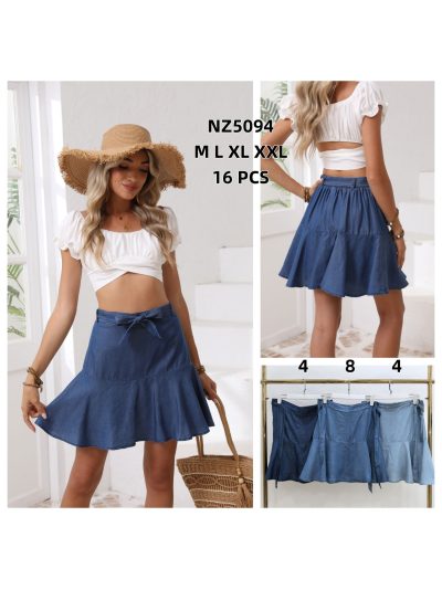 Minigonna effetto denim con fiocco e volant 2