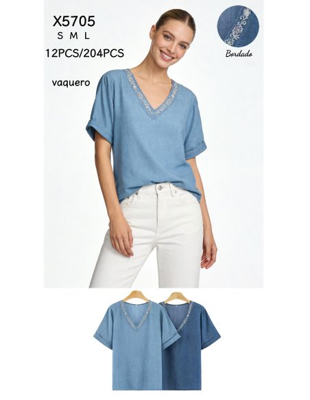 Bestickte Bluse in Jeansoptik mit V-Ausschnitt