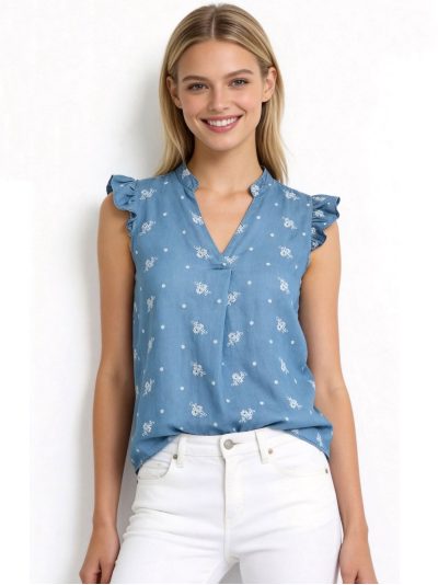 Blusa bordada símil denim sin mangas volantes