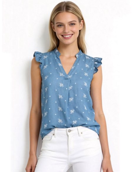 Blusa bordada símil denim sin mangas volantes