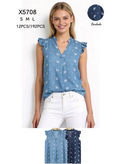 Blusa bordada símil denim sin mangas volantes 2