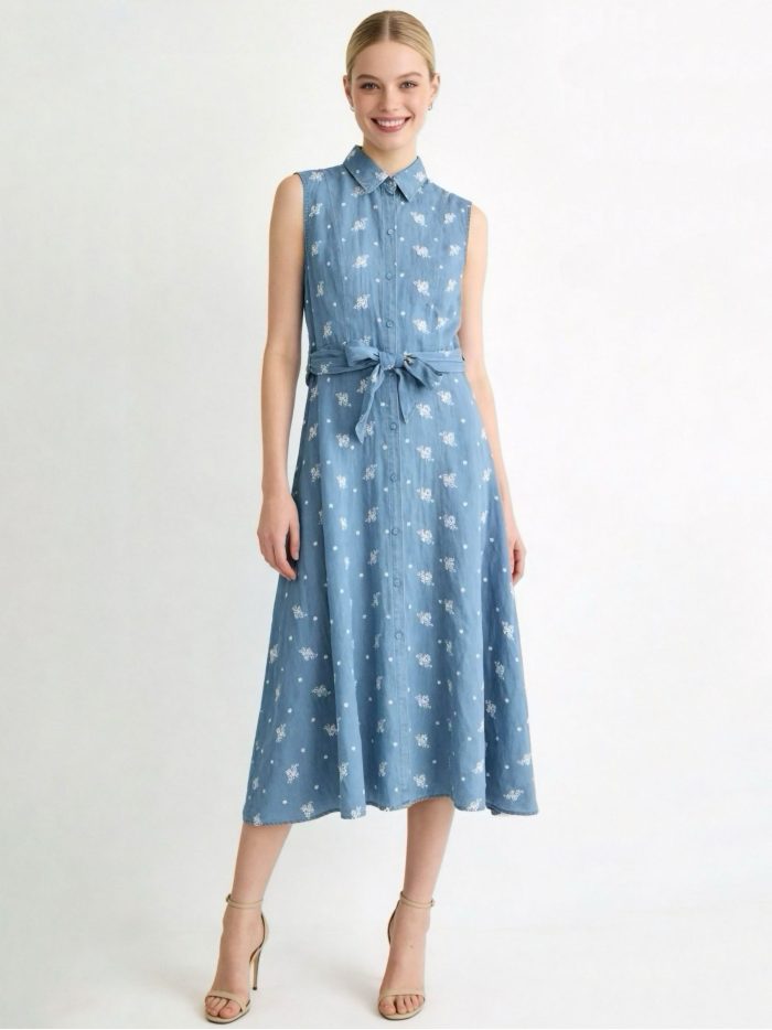 Vestido camisero midi símil denim sin mangas con cinturón