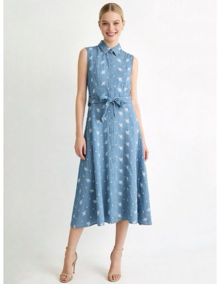 Vestido camisero midi símil denim sin mangas con cinturón