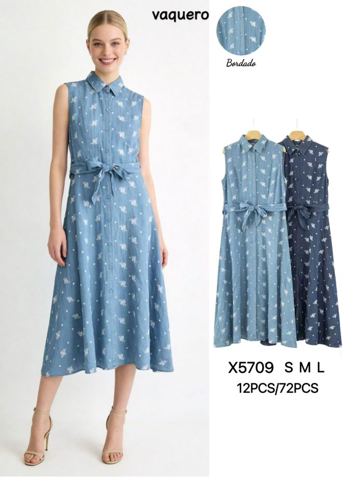 Vestido camisero midi símil denim sin mangas con cinturón