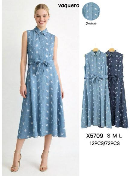 Vestido camisero midi símil denim sin mangas con cinturón