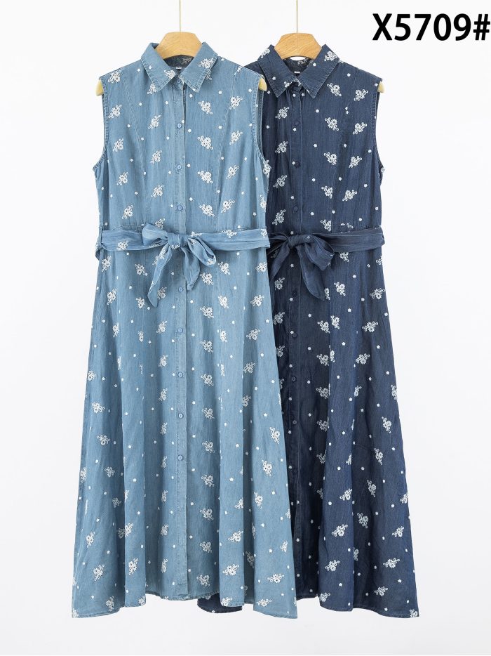 Vestido camisero midi símil denim sin mangas con cinturón