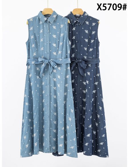 Vestido camisero midi símil denim sin mangas con cinturón