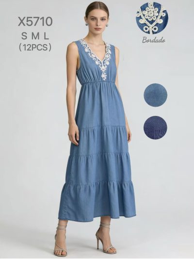 Robe longue brodée, effet denim, col en V 2