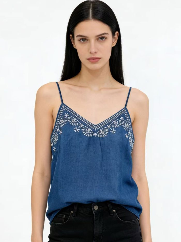 Besticktes Top in Denim-Optik mit Trägern