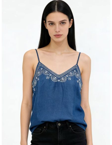 Besticktes Top in Denim-Optik mit Trägern