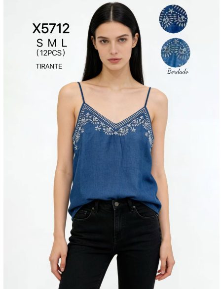 Besticktes Top in Denim-Optik mit Trägern