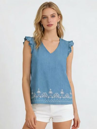 Top bordado símil denim volantes
