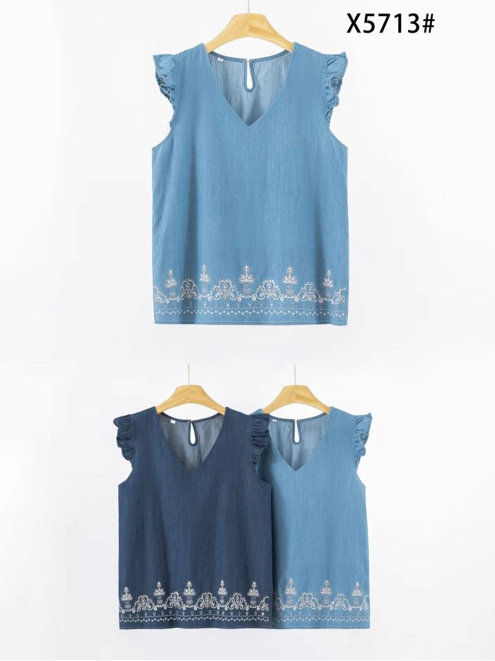 Top bordado símil denim volantes