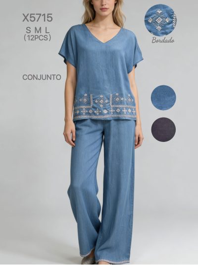 Conjunto Blusa bordada símil denim + Pantalón 2