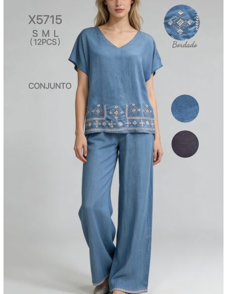 Conjunto de blusa e calça bordadas com efeito jeans