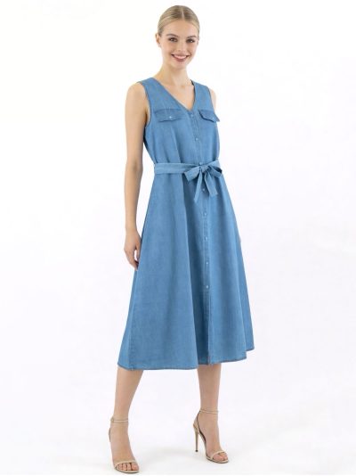 Abito midi senza maniche effetto denim con scollo a V e cintura