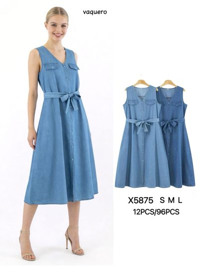 Abito midi senza maniche effetto denim con scollo a V e cintura 2