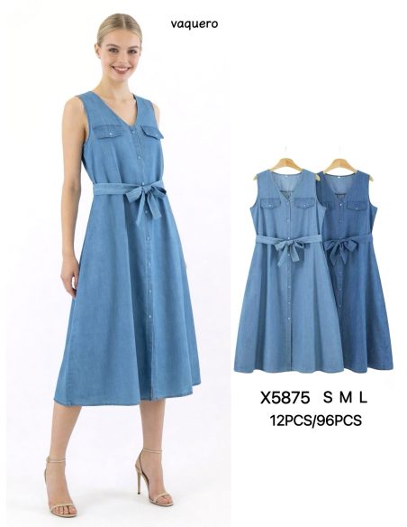 Abito midi senza maniche effetto denim con scollo a V e cintura