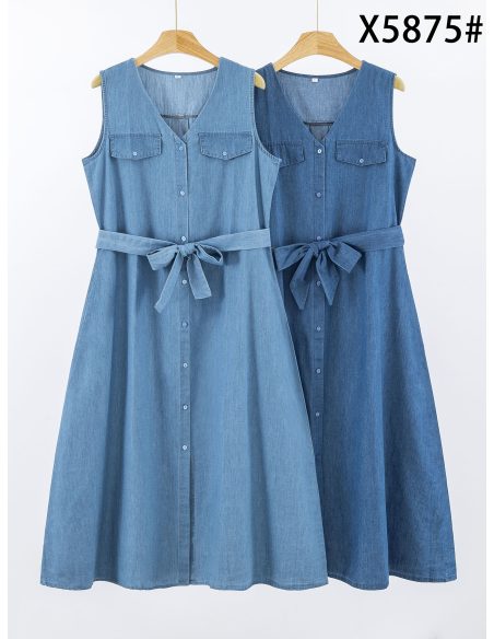 Abito midi senza maniche effetto denim con scollo a V e cintura