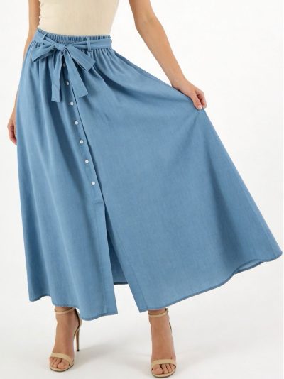 Falda larga símil denim botones y lazo