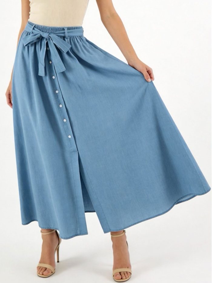 Langer Rock in Jeansoptik mit Knöpfen und Schleife