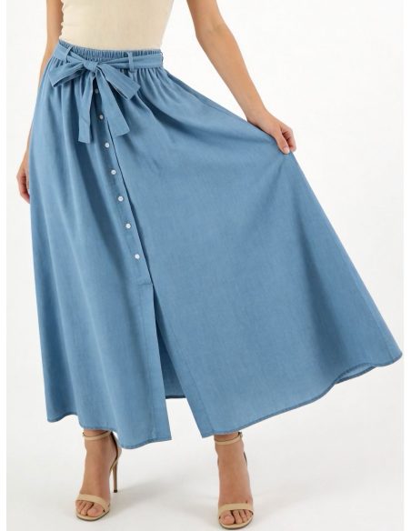 Langer Rock in Jeansoptik mit Knöpfen und Schleife