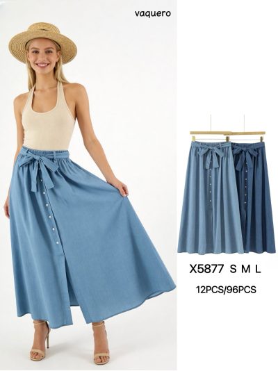 Falda larga símil denim botones y lazo 2