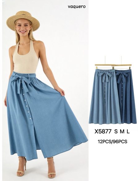 Langer Rock in Jeansoptik mit Knöpfen und Schleife