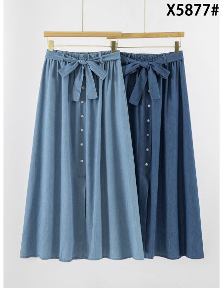 Langer Rock in Jeansoptik mit Knöpfen und Schleife