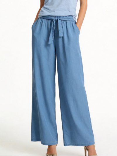 Pantalón wide leg símil denim cintura elástica con lazo