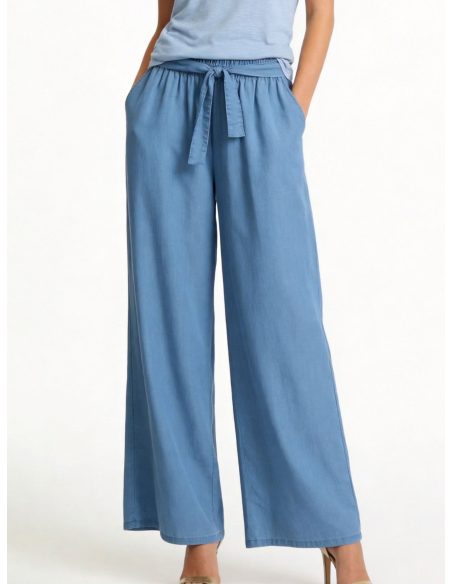 Pantalón wide leg símil denim cintura elástica con lazo