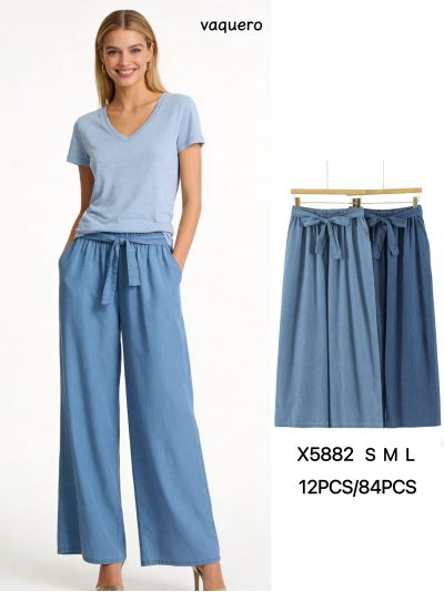 Pantalón wide leg símil denim cintura elástica con lazo 2