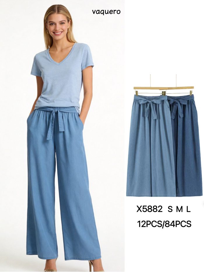 Pantalón wide leg símil denim cintura elástica con lazo