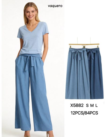 Pantalón wide leg símil denim cintura elástica con lazo