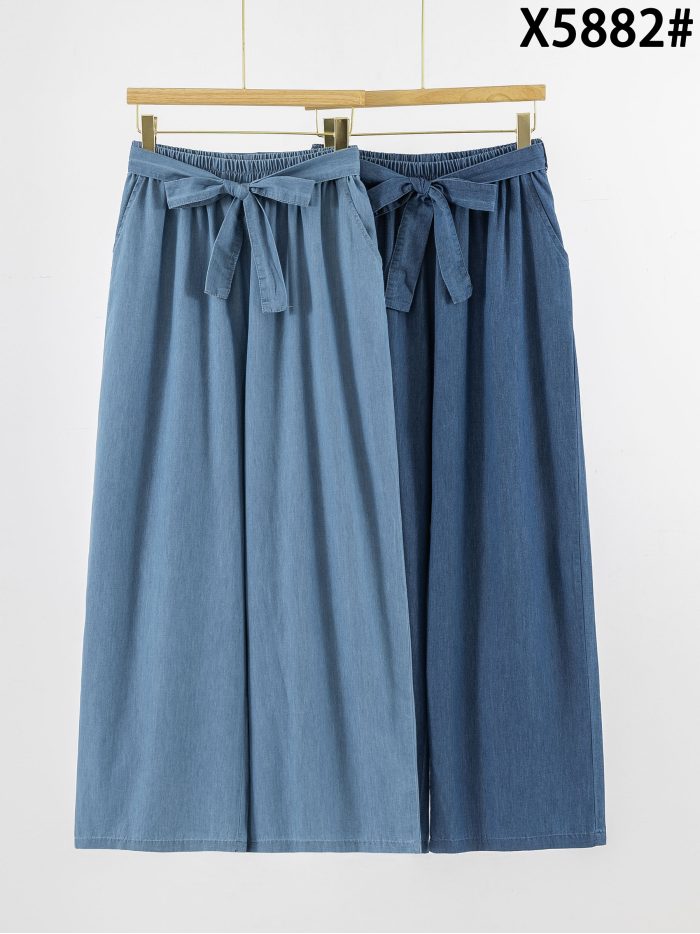 Pantalón wide leg símil denim cintura elástica con lazo