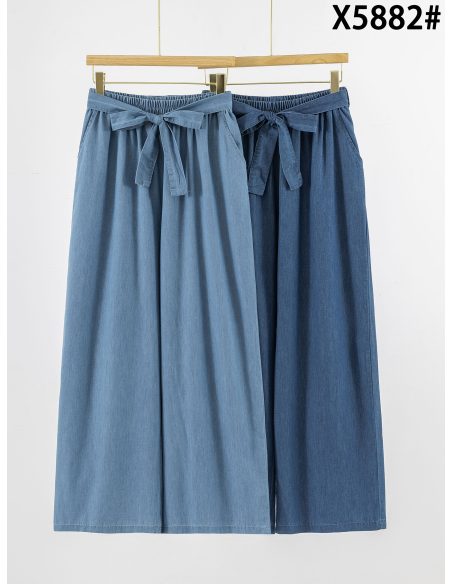 Pantalón wide leg símil denim cintura elástica con lazo