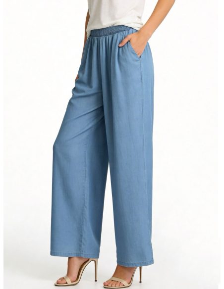 Pantalón wide leg símil denim pierna ancha bolsillos
