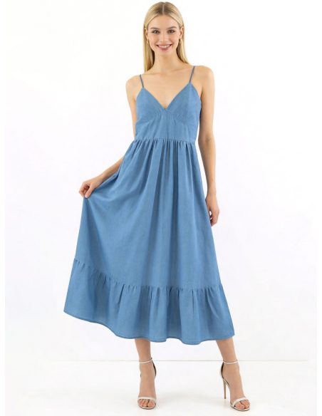 Vestido largo símil denim tirantes volantes